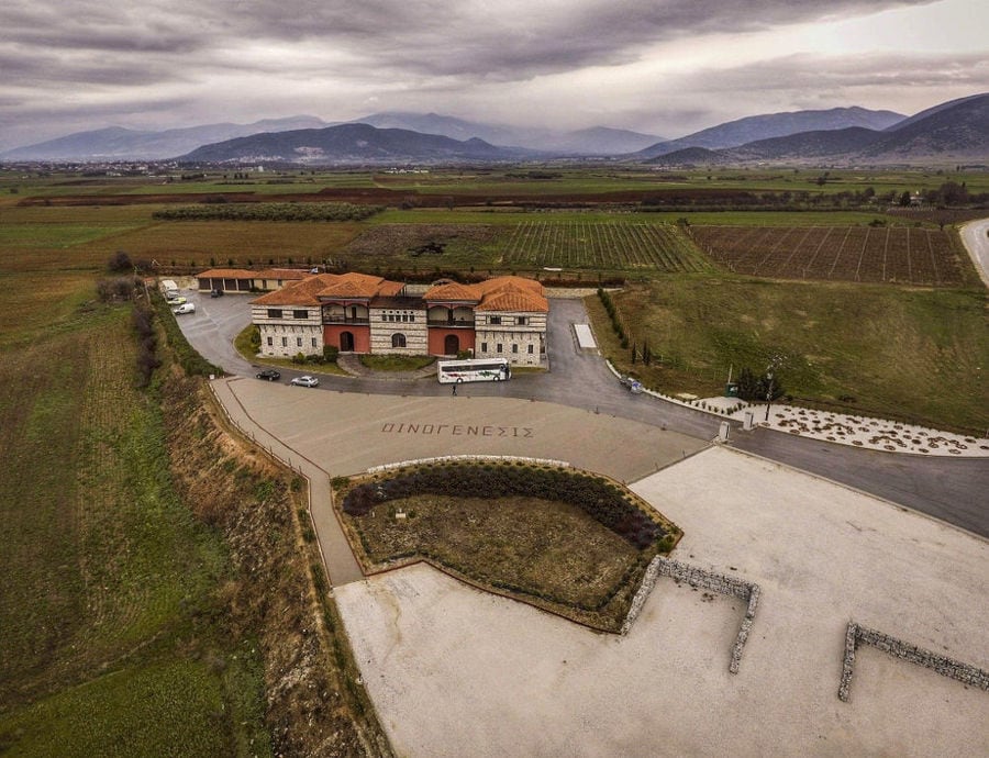 'Oenogenesis Estate' frome above surrounded by pavement and trees and vineyards